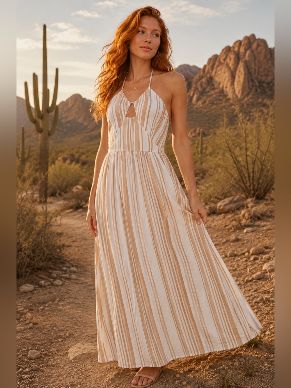 Halogen Linen Blend Stripe Halter Maxi Dress NWT Medium
